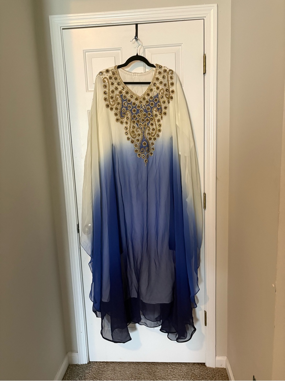 Sleeveless Ombre Blue and White Maxi Dress with Beaded Neckline
